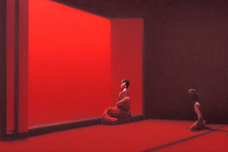 Image similar to only with red, a red samurai harakiri, tokio, a lot of frogs watch, in the style of beksinski, parts by edward hopper, parts by rodcenko, parts by yue minjun, intricate and epic composition, red by caravaggio, insanely quality, highly detailed, masterpiece, red light, artstation, 4 k