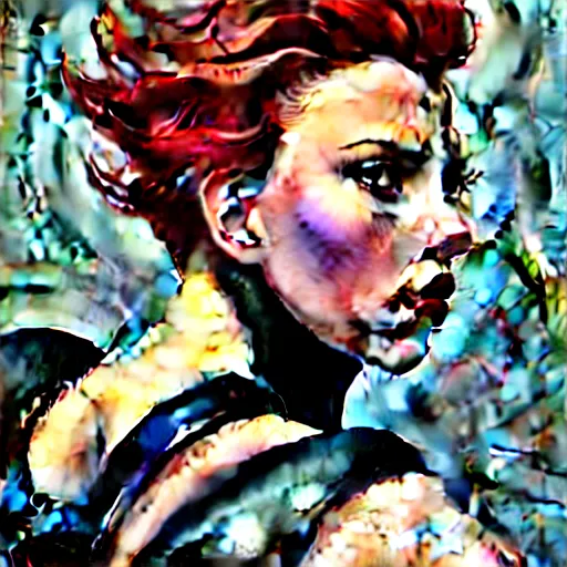 Image similar to greg manchess portrait of scarlett johansson as thick very muscular gothic weightlifter zarya from overwatch with short red hair and black lipstick, fantasy medium shot, asymmetrical, profile picture, organic painting, sunny day, matte painting, bold shapes, hard edges, street art, trending on artstation, by huang guangjian and gil elvgren and sachin teng