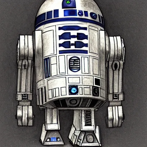 Prompt: a pencil sketch of the droid r 2 d 2 by leonardo davinci, star wars, droid, machine, sketch, da vinci, old masters, paper,