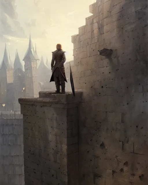 Prompt: man of the night's watch standing on top of the wall, game of thrones | | realistic shaded, fine details, realistic shaded lighting painting by greg rutkowski, diego gisbert llorens, magali villeneuve, artgerm, jeremy lipkin, michael garmash, rob rey