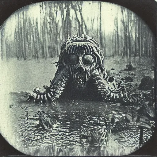 Image similar to creepy lovecraftian monster in swamp, 1 9 1 0 polaroid photo