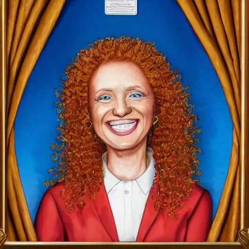 Image similar to the official presidential portrait of ginger head woman, fair skin, smiley, long curly hair, blue blouse, hyper realistic, detailed face