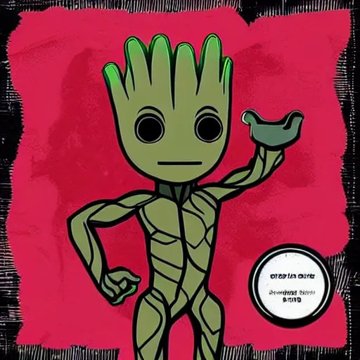 Prompt: baby groot and random english words with red and black colors as pop smoke album cover