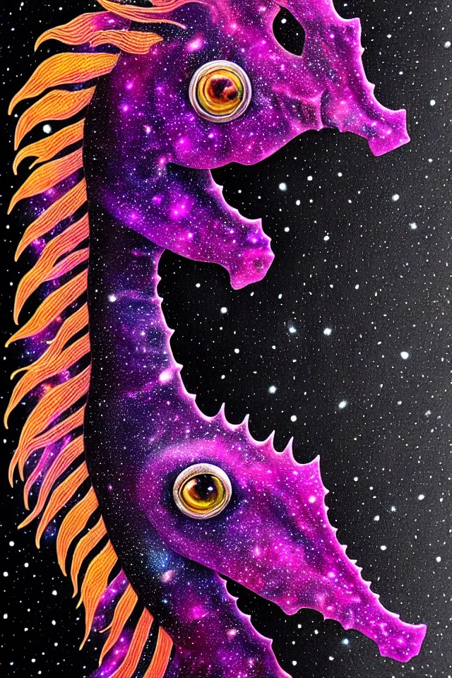 Image similar to a close up portrait of a purple ornate seahorse head statue, orange eyes, black paper, galaxy, nebula, billions of details, beautiful intricate painting by kokaris