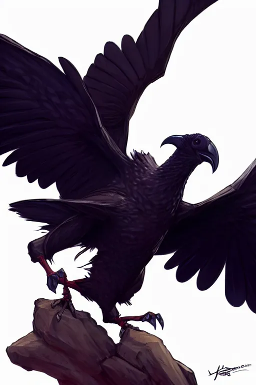 Image similar to character art by wlop, steve henderson, and j scott campbell, gooseman, male hero, raven head, wings, 4 k, arstation, trending, high quality, very detailed, digital