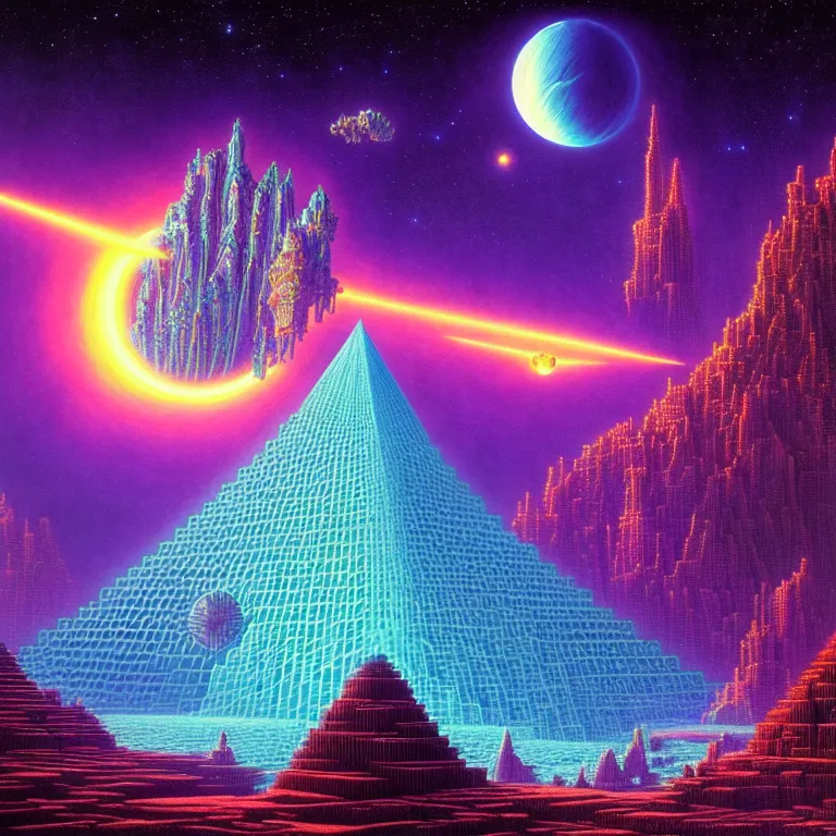 Image similar to mysterious satellites over epic mystical crystal temple, infinite fractal tesseract, quantum waves, synthwave, bright neon colors, highly detailed, cinematic, tim white, vladimir kush, jim burns, bob eggleton, philippe druillet, kubrick, aubrey beardsley, michael whelan, alfred kelsner, boris vallejo