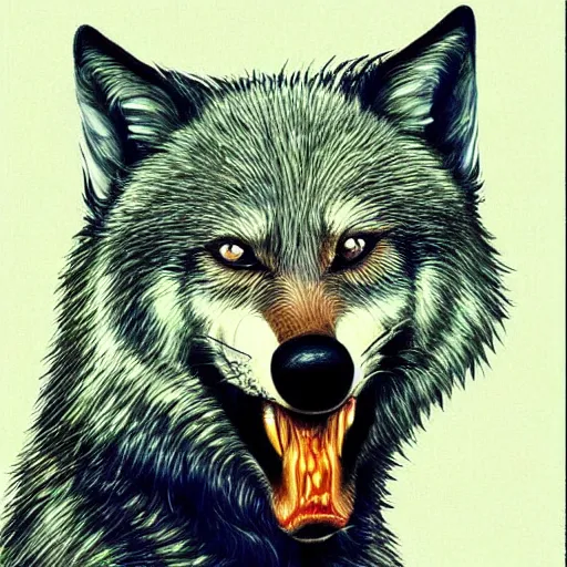 Image similar to realistic portrait of retarded wolf, eyes in different directions, vivid colors, propaganda style, it looks sick, very ugly face, missing teeth