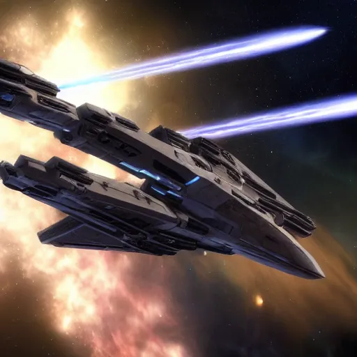 Image similar to close photo of the newest battle destroyer spaceship engaging battle in the universe of eve online with numerous space fighters fighting around