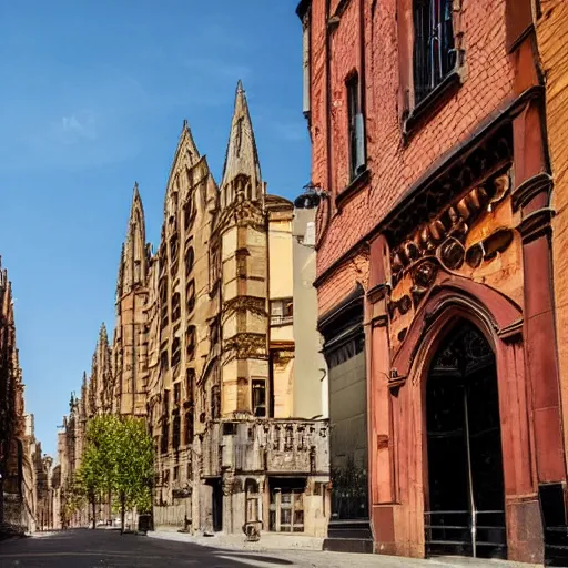 Image similar to walking down a city street but the buildings are all made of gothic architecture