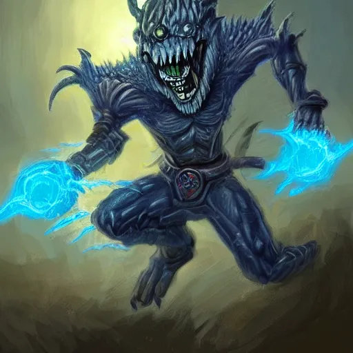 Image similar to a highly detailed goblin with grey skin and blue eyes that glow, with a tornado in his hand, like magic the gathering, goblin chainwalker, digital art, by christopher rush