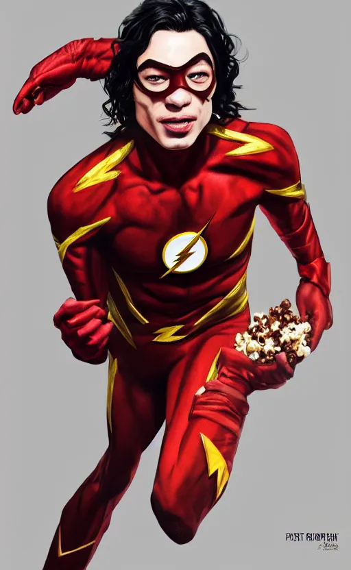 Prompt: ezra miller as flash eating popcorn, very realistic, trendin on artstation