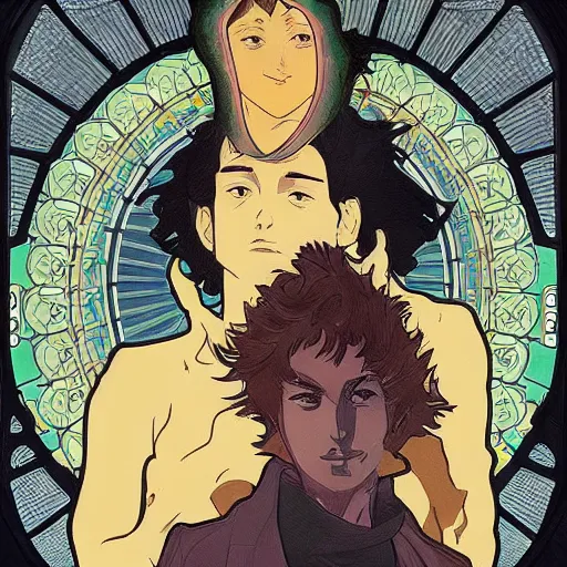 Image similar to concept art, silhouette of Spike Spiegel in front of Ganymede in the style of Alphonse Mucha and Hiroya Oku, very detailed, trending on artstation,