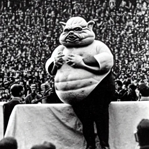 Prompt: pizza the hut speaking to thousands at a rally in Nuremberg 1939