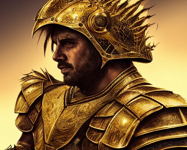 Image similar to hyper - realistic side view painting of the king of the desert, angry, gold armor, sword, dramatic lighting, intricate, wild, highly detailed, digital painting, artstation, concept art, smooth, sharp focus, illustration