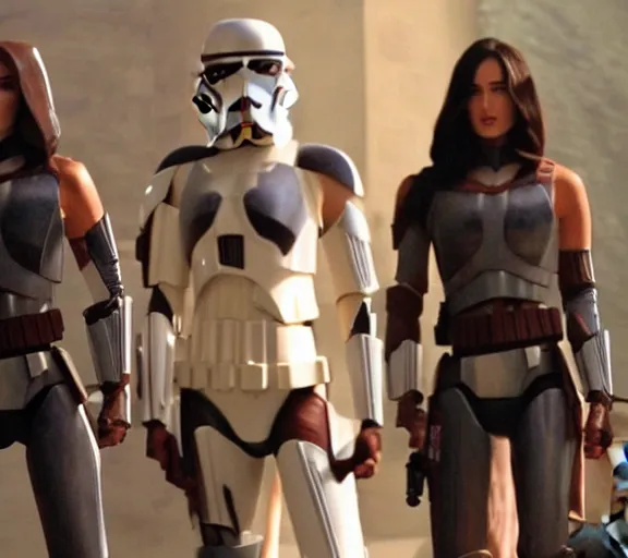 Prompt: Still of Megan Fox on the Jedi Council, being briefed on the clone wars by a brunette clone trooper, Star Wars Universe, Cinematic Lighting, beautiful composition, 8K resolution