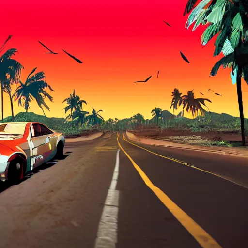 Prompt: far cry car leaking black tar chaotic intensive apocalyptic adrenaline anger oil black tar landscape wasteland miami desert landscape natural disasters sunset palm trees landscape hotline Miami style