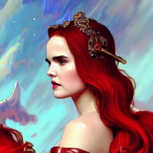 Image similar to beautiful Zoey Deutch as The Red Queen, Blodreina, sci-fi, closeup, D&D, fantasy, intricate, elegant, highly detailed, digital painting, artstation, concept art, matte, sharp focus, illustration, art by Artgerm and Greg Rutkowski and Alphonse Mucha