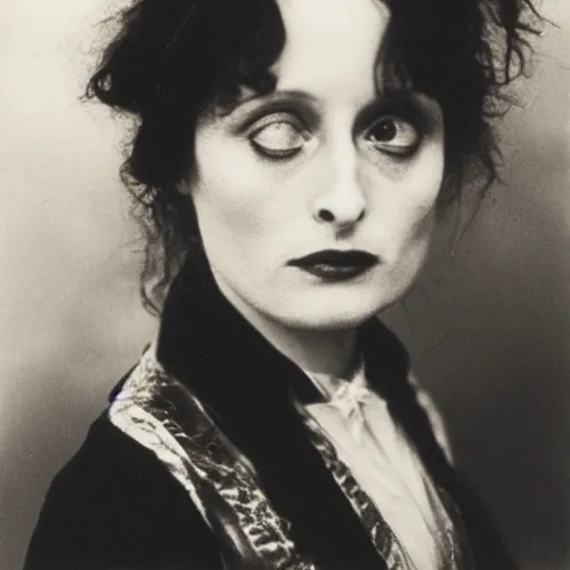 Image similar to headshot edwardian photograph of helena bonham carter, shelley duvall, glenn close, 1 9 2 0 s, sinister, evil, realistic face, 1 9 1 0 s, grainy, victorian, soft blur