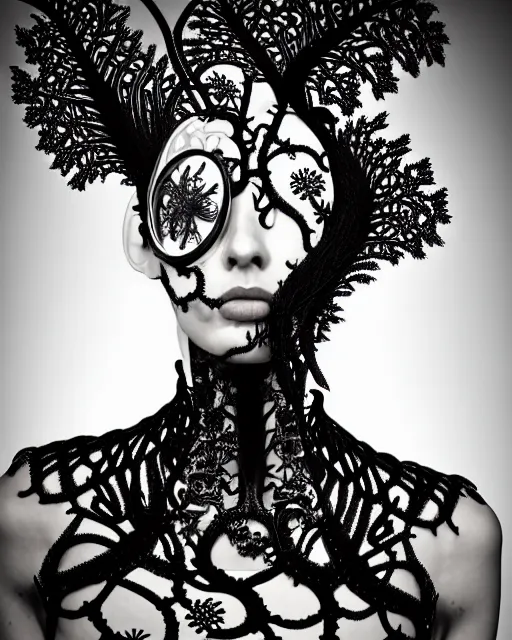 Image similar to surreal black and white photo portrait of complex bio-mechanical beautiful young female vegetal-cyborg with a Mandelbrot fractal steampunk metal fine lace face, a very long neck and a fine metal floral foliage super big lace collar by Alexander McQueen:: smoke, high fashion, haute couture, rococo, steampunk, silver filigree details, anatomical, facial muscles, cable wires, microchip, elegant, dreamy, foggy atmosphere, hyper realistic, 150 mm lens, soft rim light, octane render, unreal engine, picture was taken in 1910 by Man Ray, volumetric lighting, dramatic light,8k,