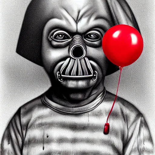 Prompt: surrealism grunge cartoon portrait sketch of death vader with a wide smile and a red balloon by - michael karcz, loony toons style, chucky style, horror theme, detailed, elegant, intricate