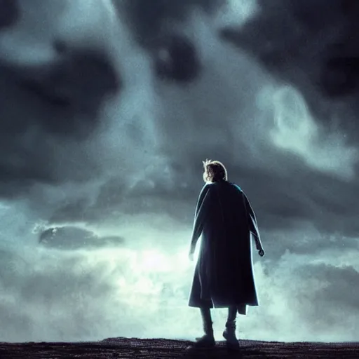 Image similar to Harry potter standing and holding a short wand, magic aura, back view, thunderclouds, cinematic shot, wide shot, epic scale, waving robe movement, photorealistic detail and quality, intricate ground stone, magical sigils, floating particle effects, movie still, nighttime, crescent moon, sharp and clear, action shot, intense scene, visually coherent, symmetry, rule of thirds, movement, photorealistic colors, cool colors transitioning to warm colors, modest tone, award winning, directed by Steven Spielberg, Christopher Nolan, Tooth Wu, Asher Duran, artstation