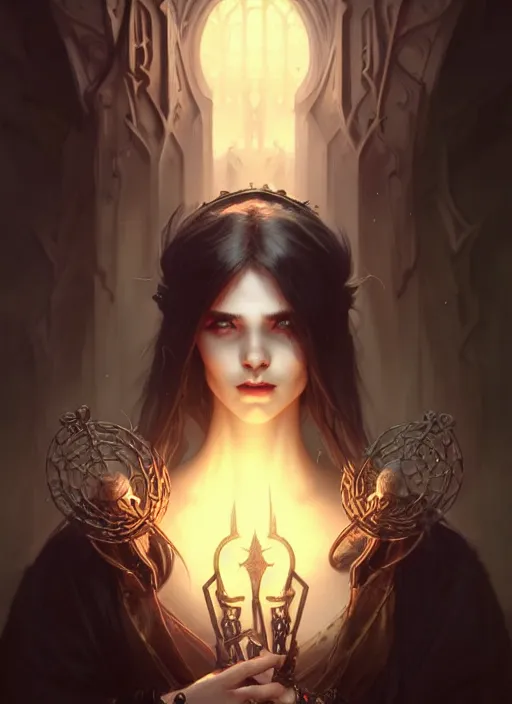 Image similar to Necromancer Sorceress, fantasy magic, undercut hairstyle, dark light night, intricate, elegant, sharp focus, illustration, highly detailed, digital painting, concept art, matte, art by WLOP and Artgerm and Greg Rutkowski and Alphonse Mucha, masterpiece