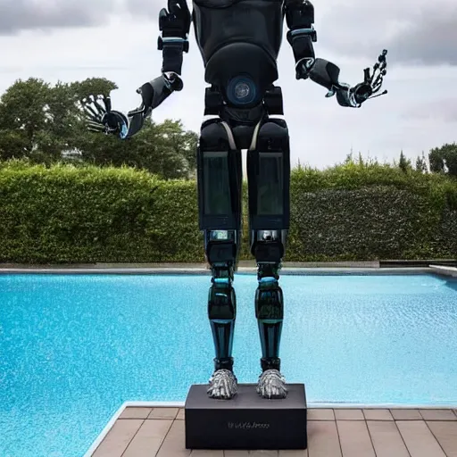 Image similar to a realistic detailed photo of a guy who is an attractive humanoid who is half robot and half humanoid, who is a male android, soccer player timo werner, shiny skin, posing like a statue, blank stare, by the pool, on display, showing off his muscles, humanoid robot, frozen ice statue, made of ice