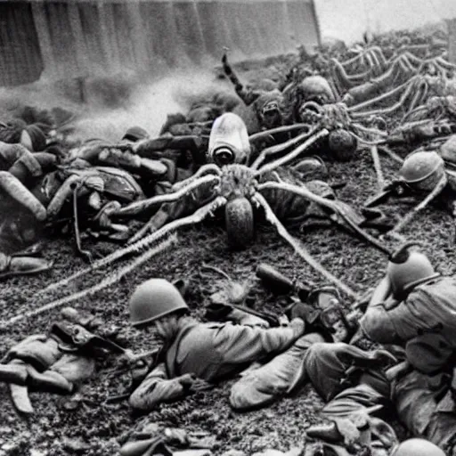 Prompt: giant spiders attacking soliders, d - day, war photography