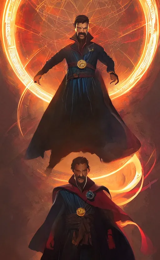 Image similar to Doctor Strange, long shadow, warm colors, by Greg Rutkowski, artstation