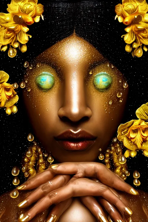 Image similar to hyper realistic neo - rococo cinematic very expressive! black oshun goddess, open eyes, body in water, mirror dripping droplet!, gold flowers, highly detailed face, digital art masterpiece, smooth eric zener cam de leon dramatic pearlescent teal light, ground angle uhd 8 k, sharp focus