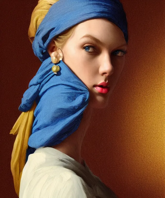 Image similar to Taylor Swift as the girl with the pearl earring, highly detailed, digital painting, artstation, concept art, smooth, sharp focus, illustration, ArtStation, art by artgerm and greg rutkowski and alphonse mucha and J. C. Leyendecker and Edmund Blair Leighton and Katsuhiro Otomo and Geof Darrow and Phil hale and Ashley wood and Ilya repin and Charlie Bowater