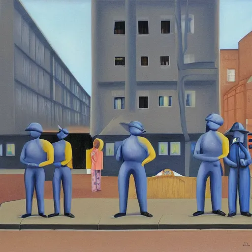 Prompt: by charles addams, by meredith marsone, by alice rahon blue man group, shikki kaleidoscopic, dreary. the body art of a police station in the lithuanian city of vilnius. in the foreground, a group of policemen are standing in front of the building, while in the background a busy street can be seen.