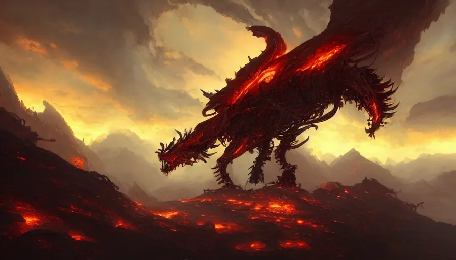 Prompt: a beautiful digital fantasy concept art of a giant cyborg dragon sitting on a molten rock, concept art by tyler edlin, greg rutkowski, highly detailed, oil on canvas