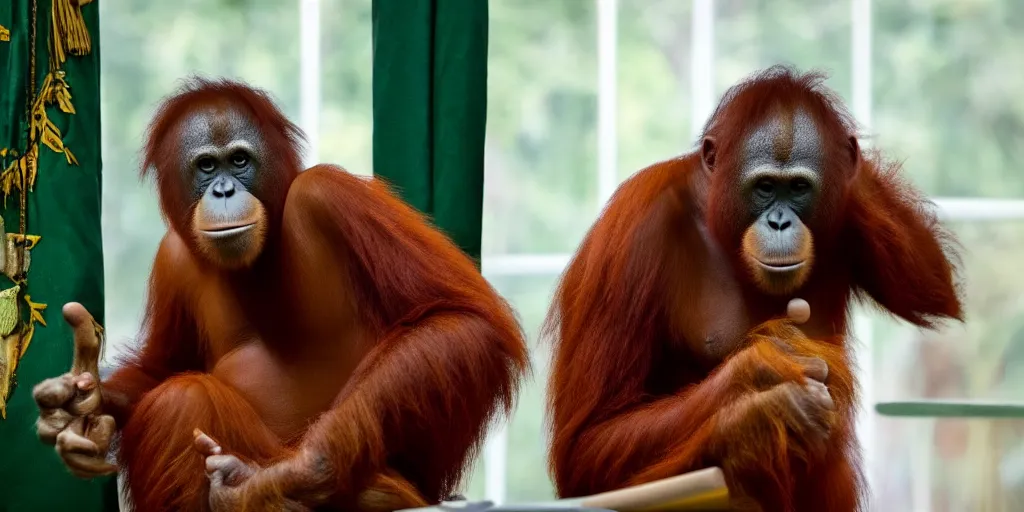 Image similar to an orangutan in the white house giving a press conference, high quality image