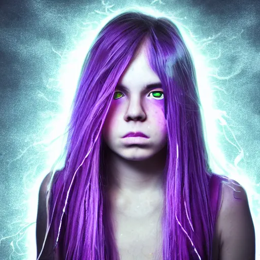 Image similar to detailed photo portrait of a furious teen girl with thin, hair-like purple tentacles on her head and bright purple eyes, 8k, trending on DeviantArt, face enhance,hyper detailed ,full of colour, dramatic lightning