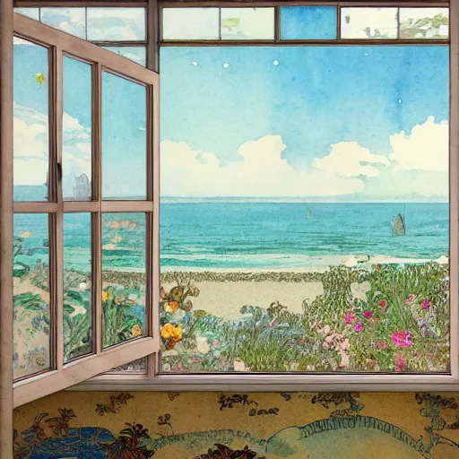 Prompt: a beautiful intricate watercolor illustration of a beach landscape view from a window, 4 k, ultra - wide angle, by william turner, by victo ngai, by alphonse mucha, by miho hirano, hd, trending on artstation, hyper detailed, muted colors