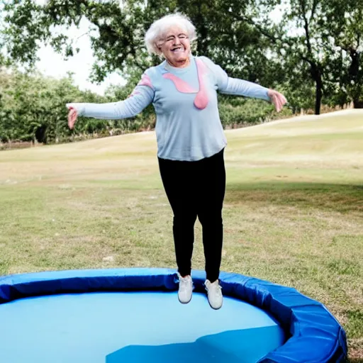 Prompt: grandma jumping on trampoline