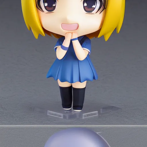 Image similar to character face portrait of a singular kawaii chibi in the sytle of kyoto animation, in simple background, nendoroid eyes, blender, toon rendering, toon shader