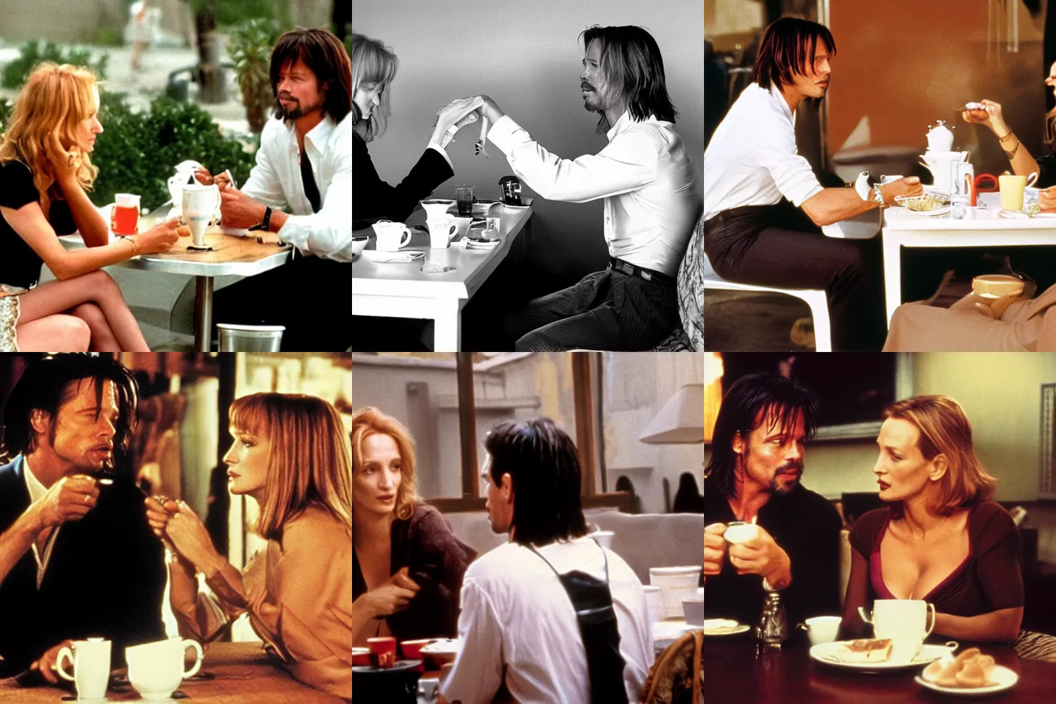 Prompt: photograph showing Uma Thurman having tea with Brad Pitt on the film set of Pulp Fiction, detailed, 4k