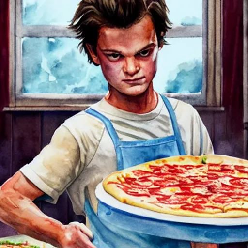 Prompt: a watercolor painting of Steve Harrington from Stranger things making a pizza, ultra realistic