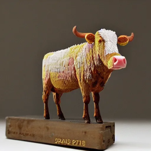 Image similar to A photorealistic sculpture of a cow made from matches