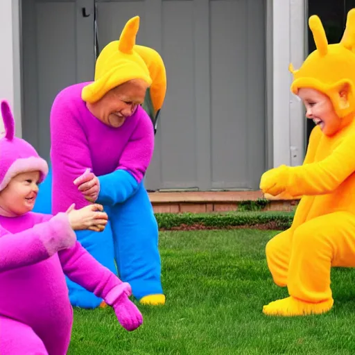 Prompt: a couple of grandparents playing kids games and wearing teletubbies costumes