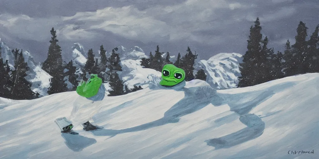 Image similar to pepe the frog snowboarding, gloomy landscape, painted by christopher radlund