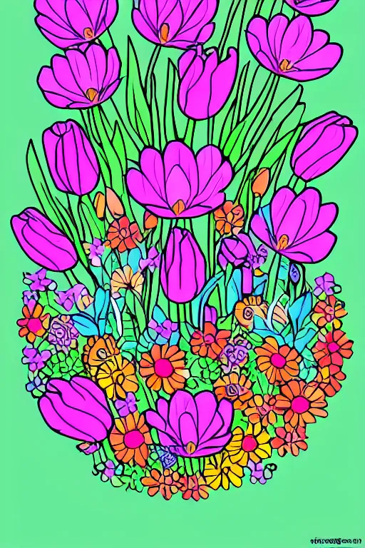 Image similar to spring flowers, happy and beautiful, in the style of coloring book