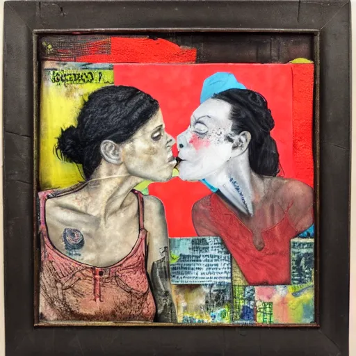 Prompt: mixed media collage of two women kissing, highly detailed, oil paint and canvas texture, punk expressionism