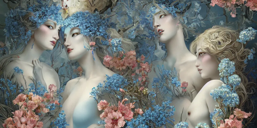 Image similar to breathtaking detailed concept art painting art deco pattern of blonde faces goddesses amalmation light - blue flowers with anxious piercing eyes and blend of flowers and birds, by hsiao - ron cheng and john james audubon, bizarre compositions, exquisite detail, extremely moody lighting, 8 k