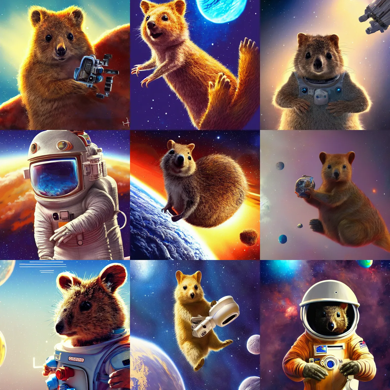 Prompt: photo of a quokka wearing a spacesuit in space, intricate, highly detailed, digital painting, artstation, concept art, smooth, sharp focus, illustration, vfx