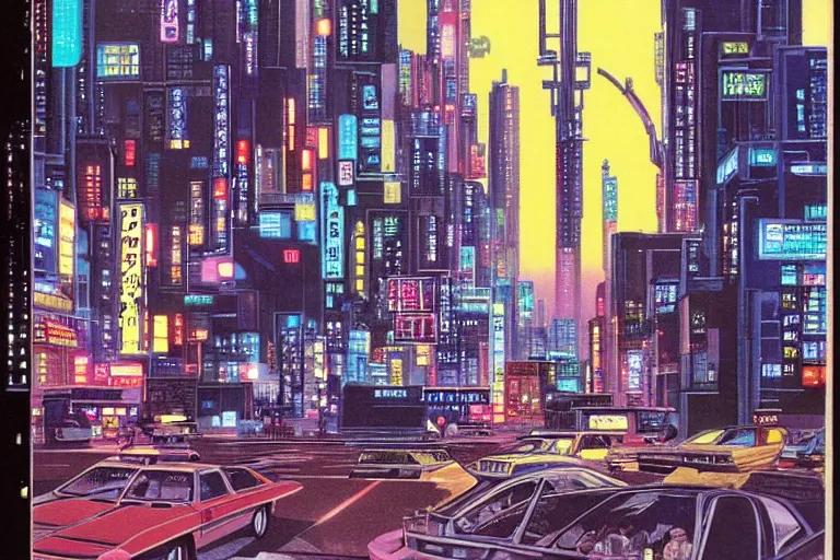 Prompt: 1979 OMNI Magazine Cover of neo-Tokyo at street level, city in cyberpunk style by Vincent Di Fate