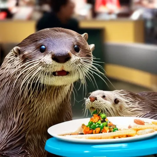 Image similar to an otter eating at a mall food court in the style of Studio Ghibli