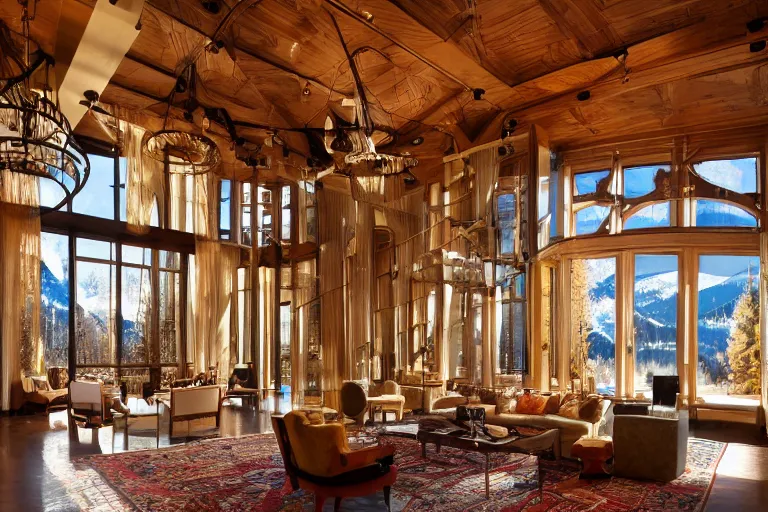 Prompt: interior of a beautiful contemporary mansion in Aspen, skybridges, turrets, golden hour, light snow, snowflakes falling outside, sunbeams, volumetric lighting, by Emmanuel Lubezki